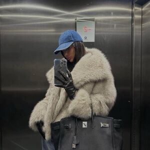 Zara Cream Faux Fur Coat with Black Accessories